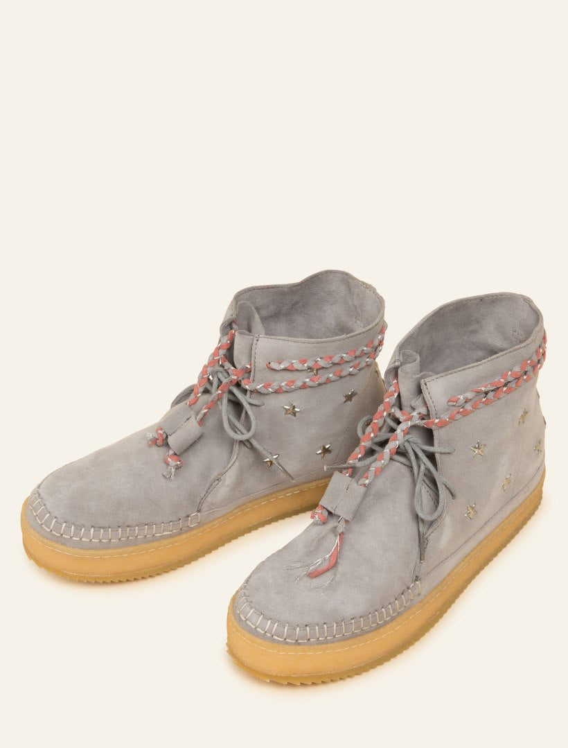 Handmade lace-up stone suede ankle boots with stars studs detailing.