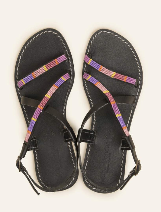 Azari Flat Black Leather Sandal Purple Mix
