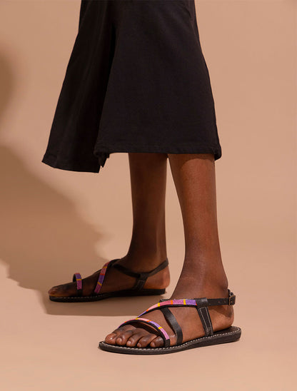 Azari Flat Black Leather Sandal Purple Mix