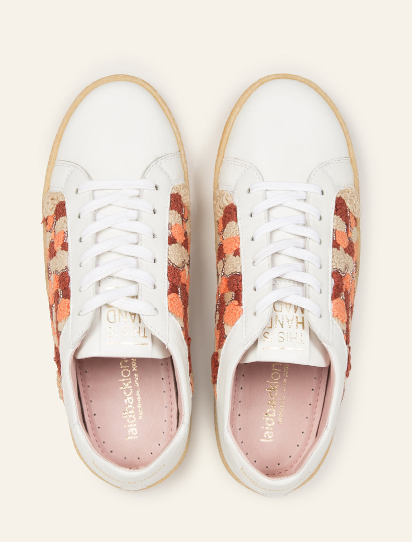 Crewe Sneaker White Leather Orange, Classic court sneaker with a twist.