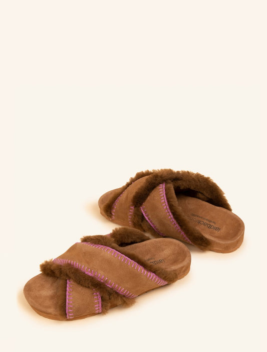 Cali Sheepskin Footbed Sandals Mustard Leather Purple
