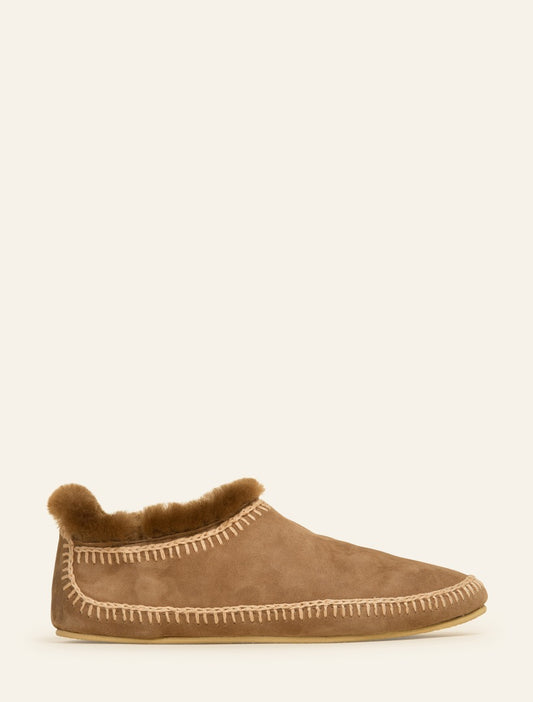 Slip on camel suede slipper boots with beige crochet detailing.