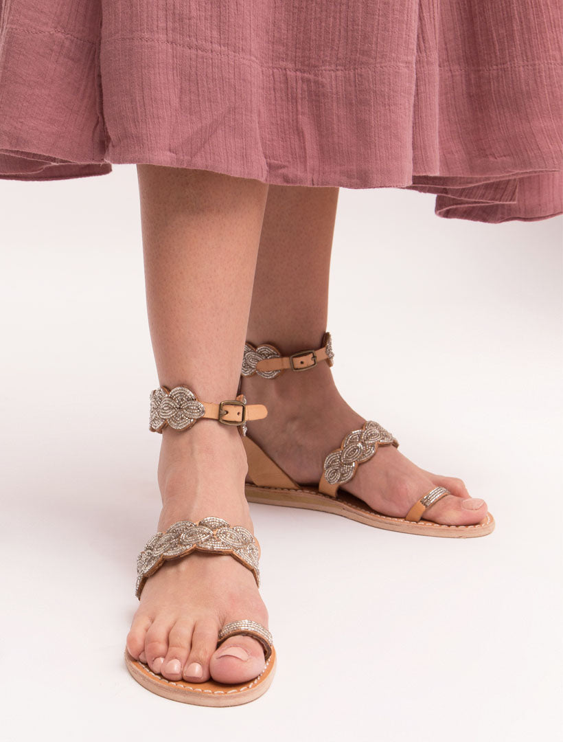 Rumi Flat Ankle Strap Leather Sandal Silver