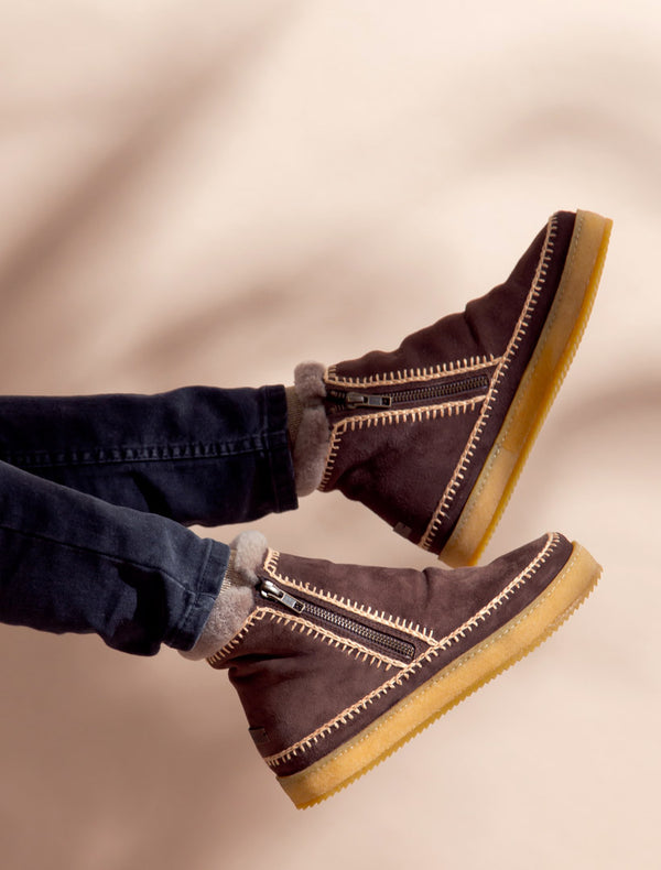 Setsu Crochet Side Zip Ankle Boot Choc Suede Beige