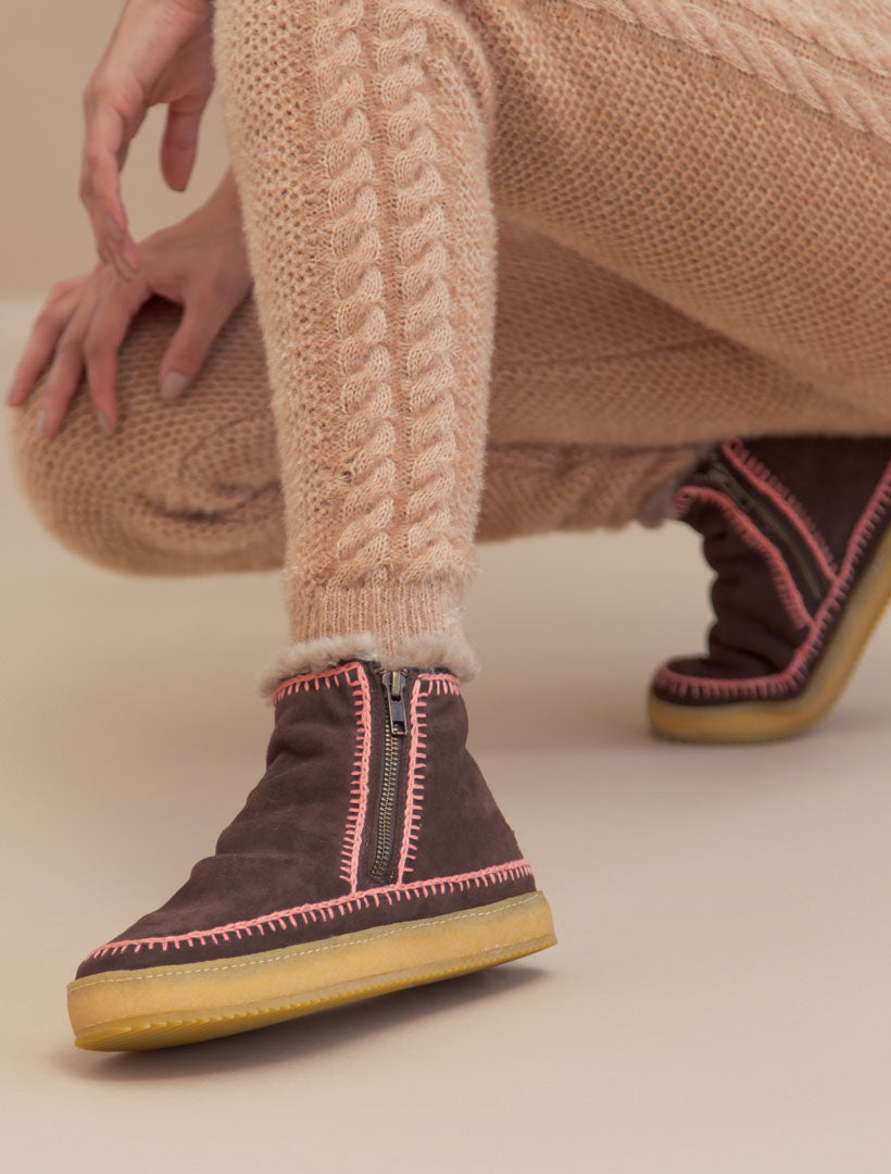 Setsu Crochet Side Zip Ankle Boot Choc Suede