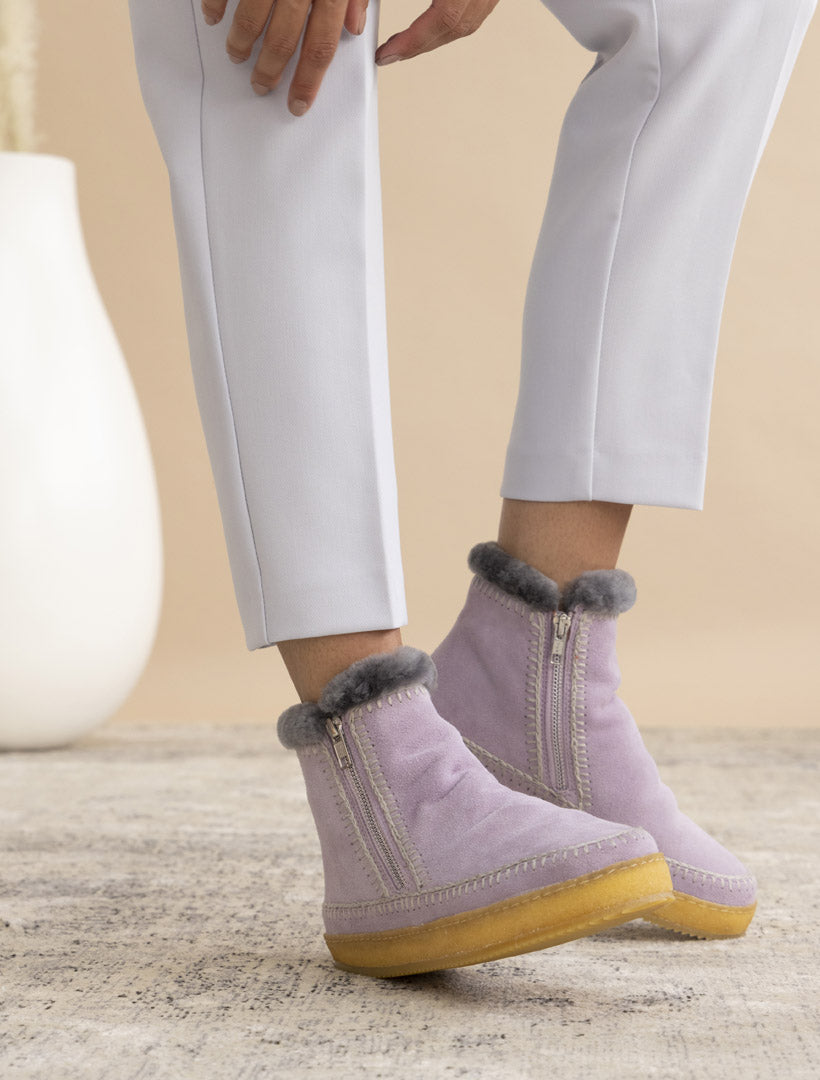 Setsu Crochet Side Zip Ankle Boot Lilac Suede Light Grey