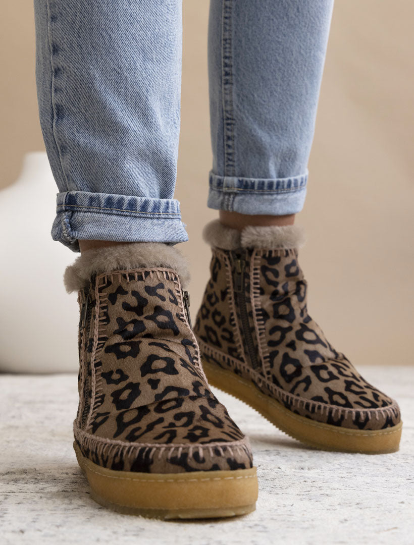 Setsu Crochet Side Zip Ankle Boot Mocha Leopard
