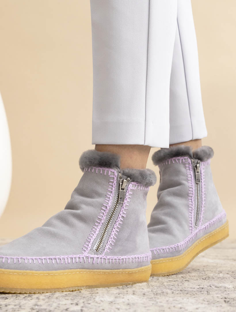 Setsu Crochet Side Zip Ankle Boot Stone Suede