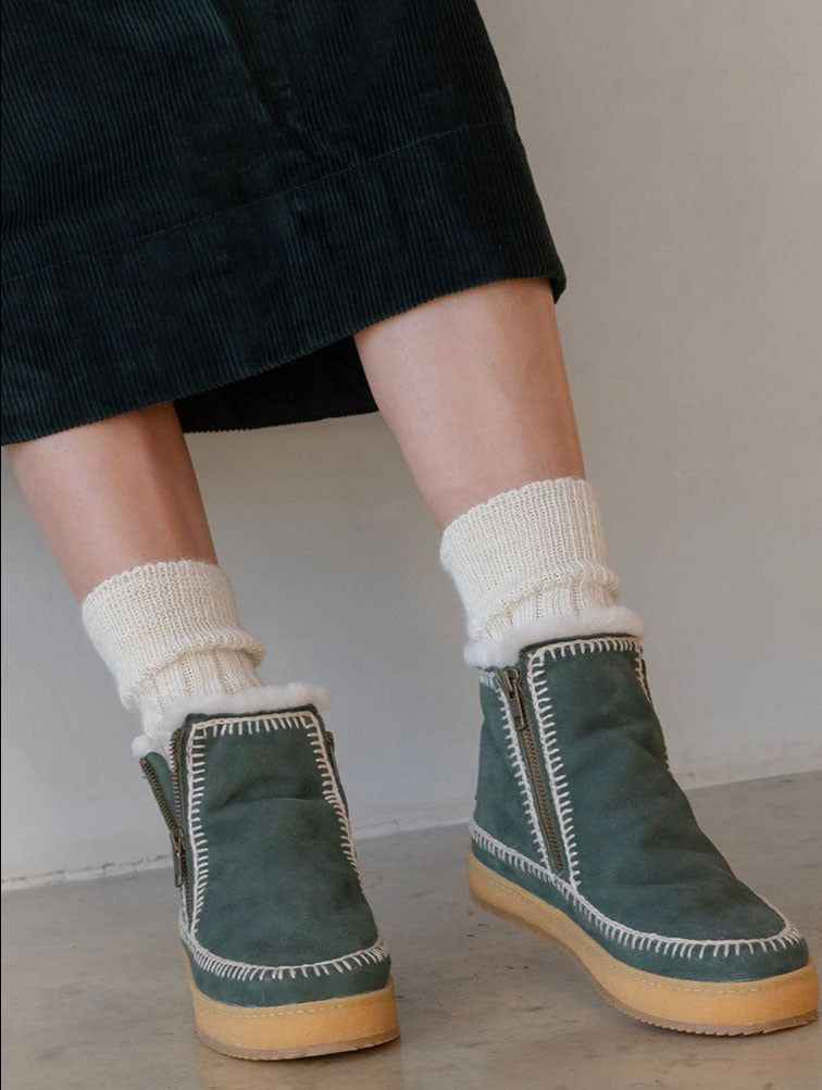 Setsu Crochet Side Zip Ankle Boot Bottle Green Suede