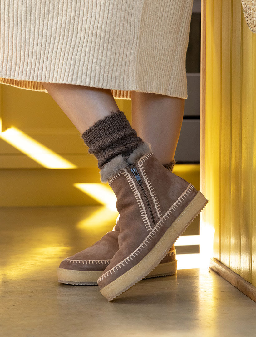Setsu Crochet Side Zip Ankle Boot Camel Suede