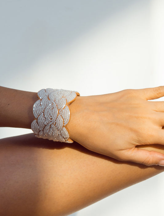 Wave Leather Beaded Cuff Bracelet Snow White