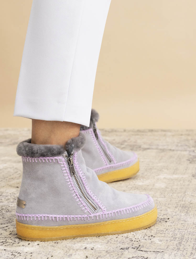 Setsu Crochet Side Zip Ankle Boot Stone Suede