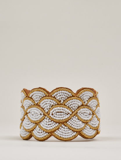 Wave Leather Beaded Cuff Bracelet Gold White