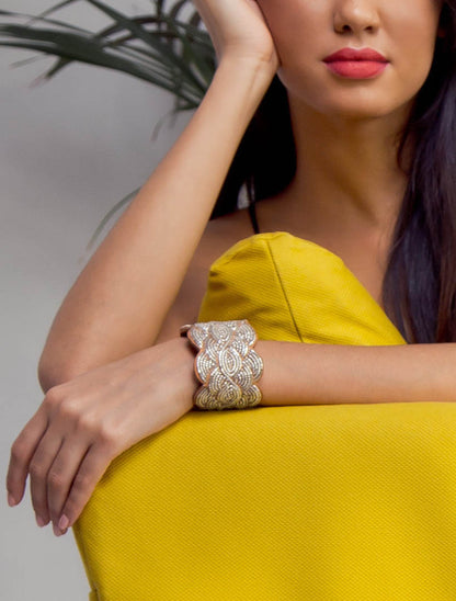 Wave Leather Beaded Cuff Bracelet Silver